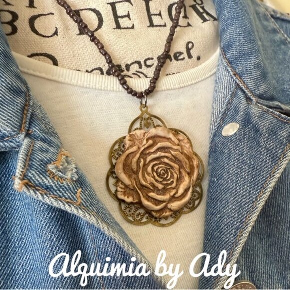 Alquimia Jewelry - Wimsigoth vintage huge rose medallion beaded cord tassel necklace